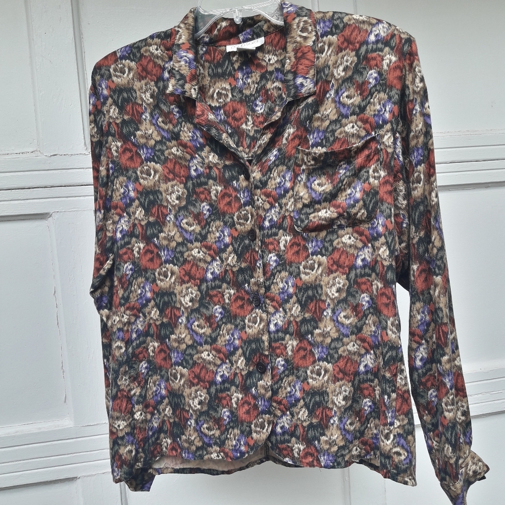 Vintage Blouse Button Down Roses Bold Print Camo